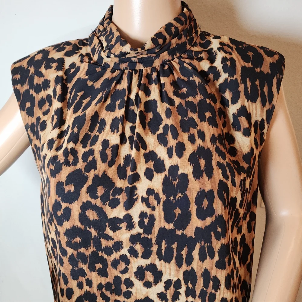 MILLY Rori Leopard Print Chiffon Sleeveless Blouse Top‎ Padded Shoulders Medium